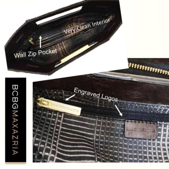 BCBGMaxAzria Brown Black Clutch Genuine Leather Trim Elegant Gold Zipper Design - Picture 7 of 11